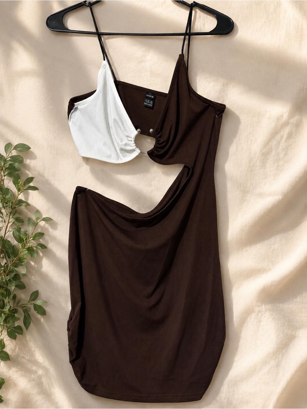 SHEIN Brown & White Asymmetrical Cutout Midi Dress